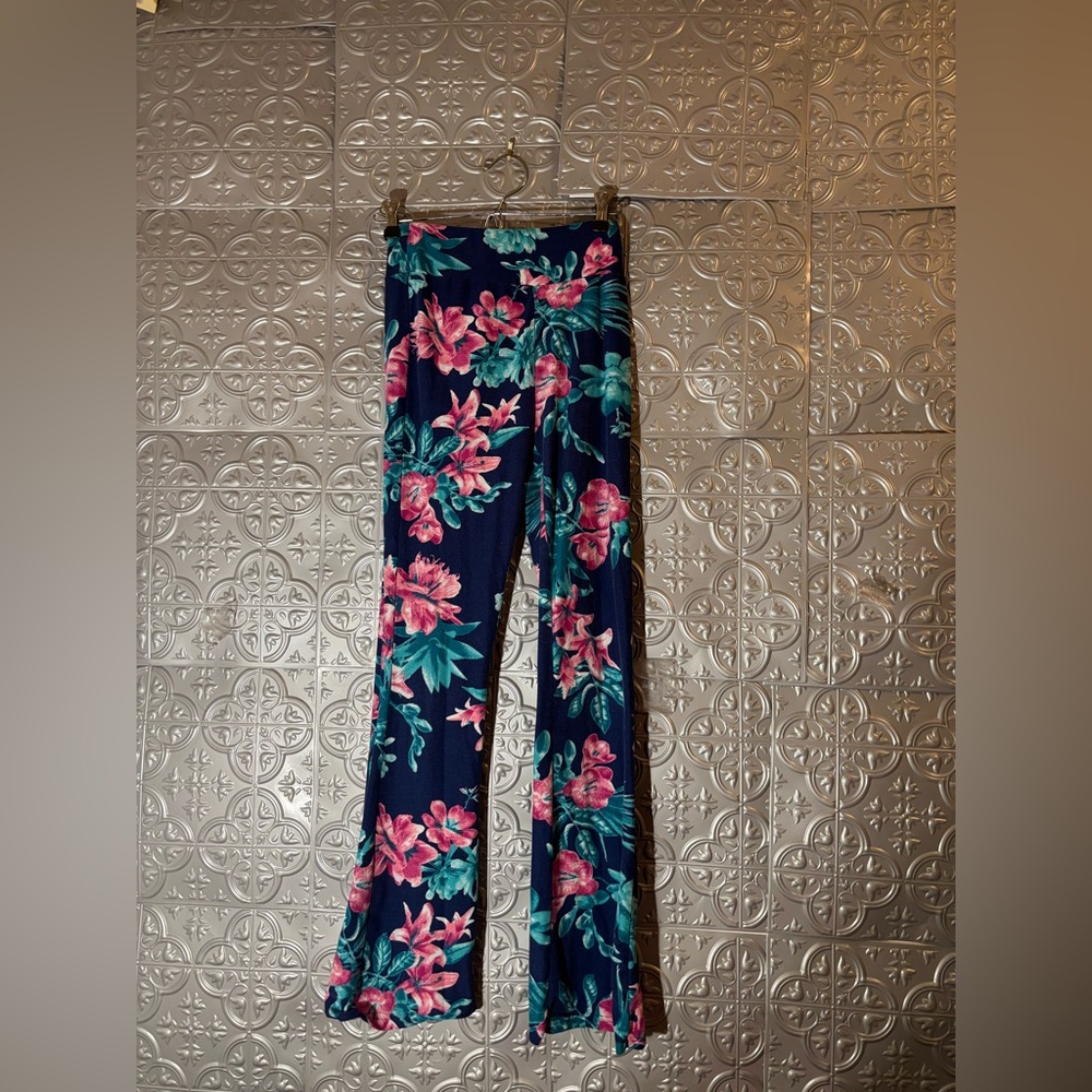 Dyce apparel flare royal blue neon pink floral comfy stretch pants tropical